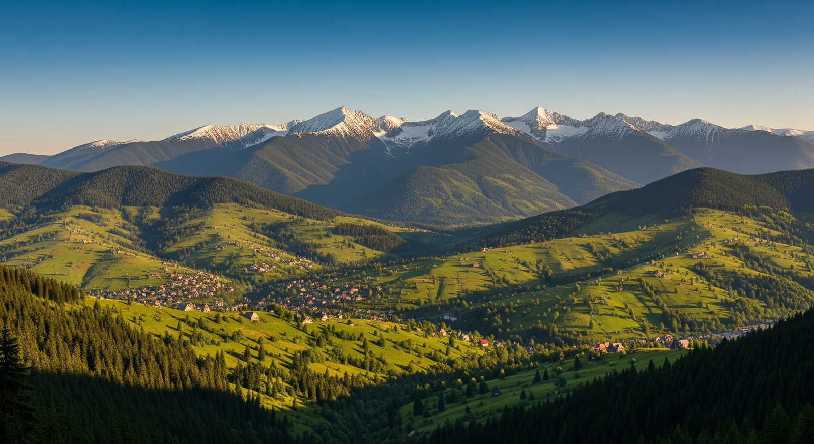 Panoramic view of the Carpathian Mountains with green valleys, traditional villages, and snow-capped peaks