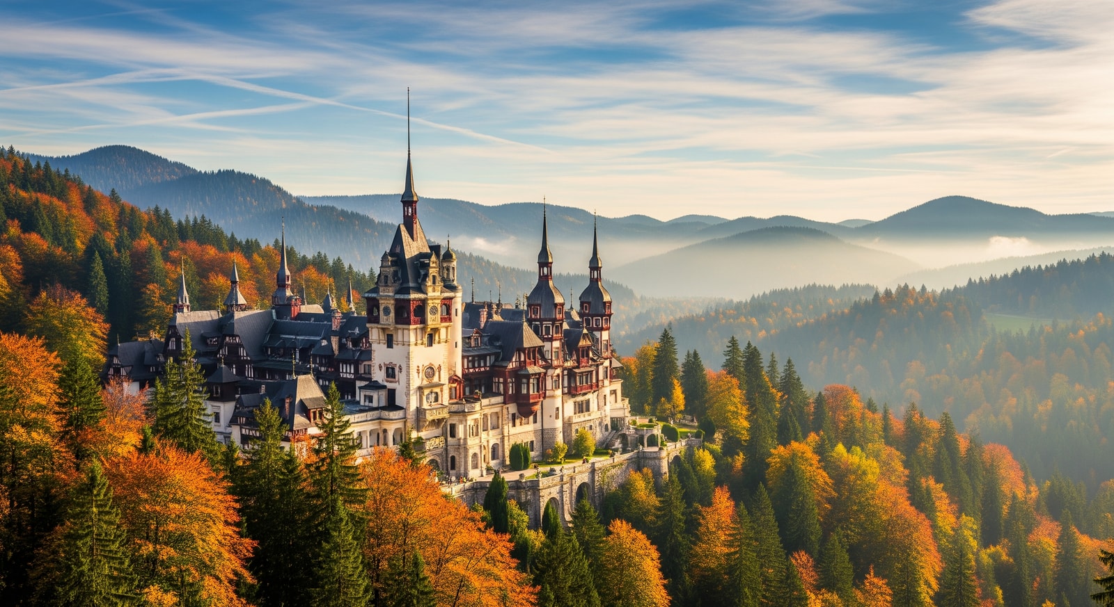 Magnificent Peles Castle in Sinaia with its Germanic Renaissance architecture surrounded by Carpathian forests