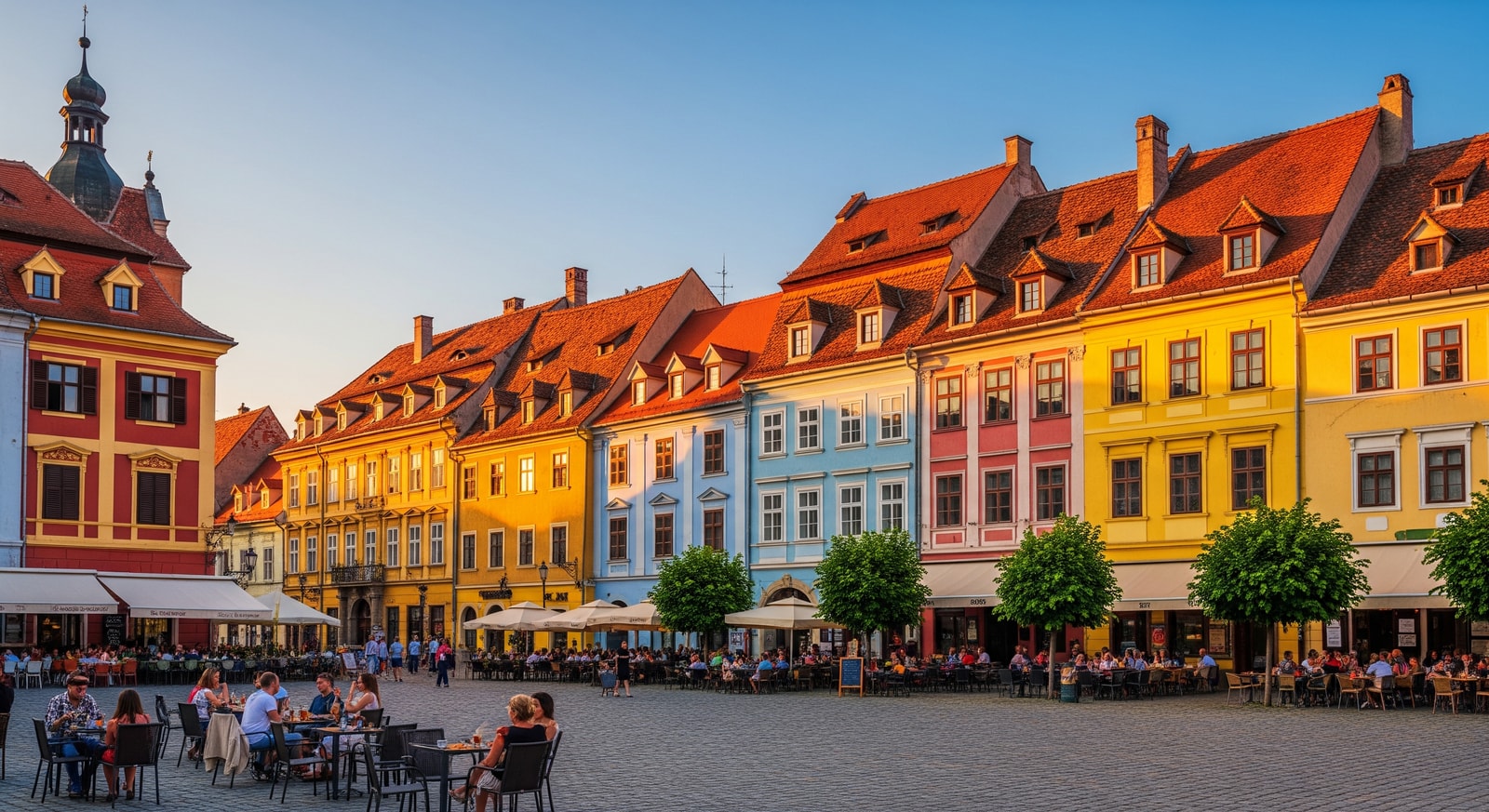 Colorful historic buildings lining Sibiu's Large Square with medieval architecture and outdoor cafes