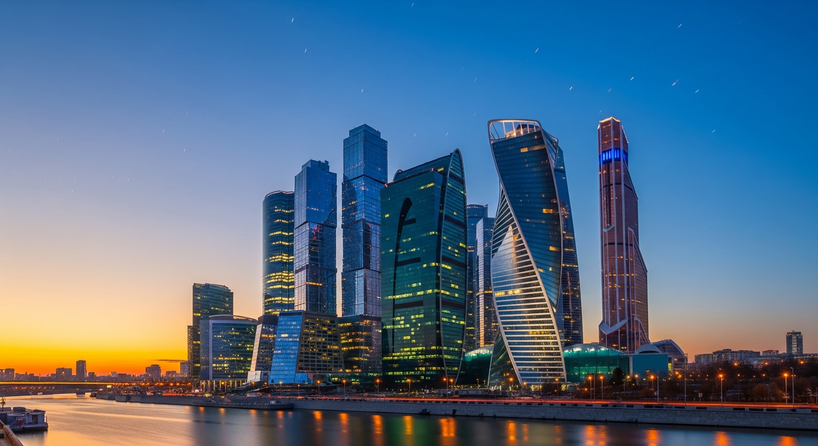 Modern Moscow City business district skyline with glass skyscrapers along the Moskva River at dusk