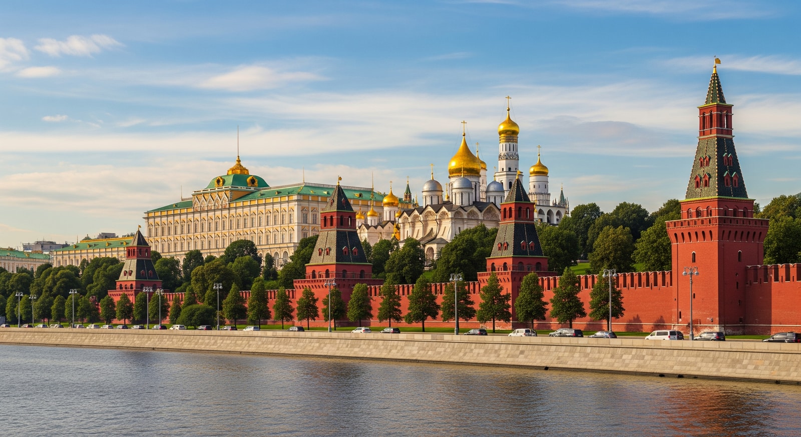 The Moscow Kremlin's red walls and towers along the Moskva River with golden domes of cathedrals visible behind