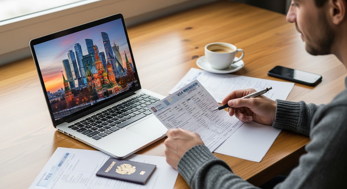 Traveler planning Russia trip with laptop showing Moscow skyline while reviewing visa documents