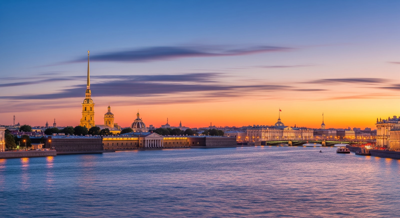 Panoramic view of Saint Petersburg's historic center with the golden spire of Peter and Paul Fortress and Neva River