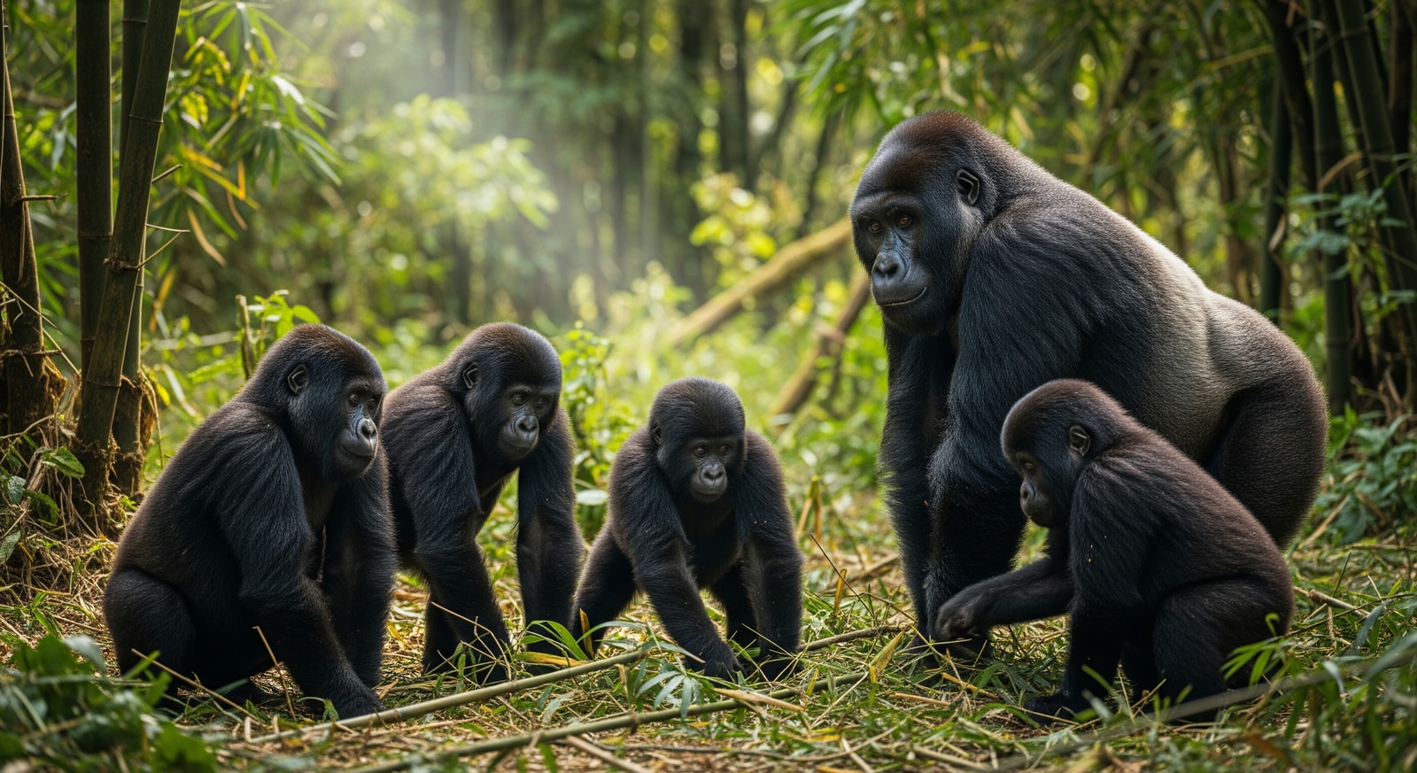 Mountain gorilla family in the bamboo forest of Volcanoes National Park with silverback watching over young gorillas