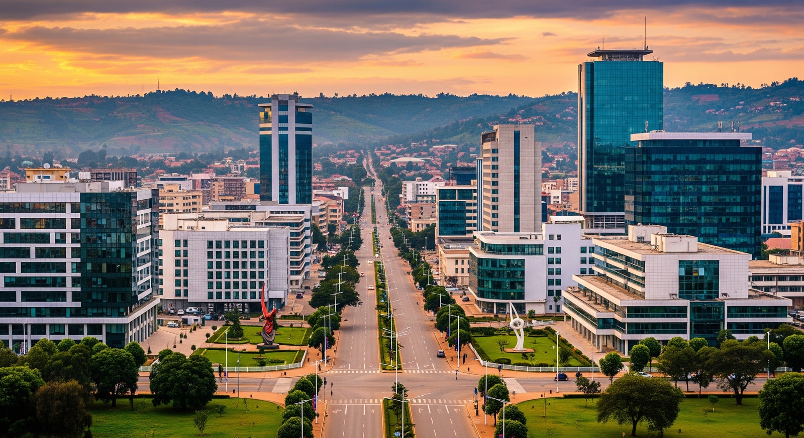 Modern Kigali cityscape with clean streets and contemporary architecture set against green hills