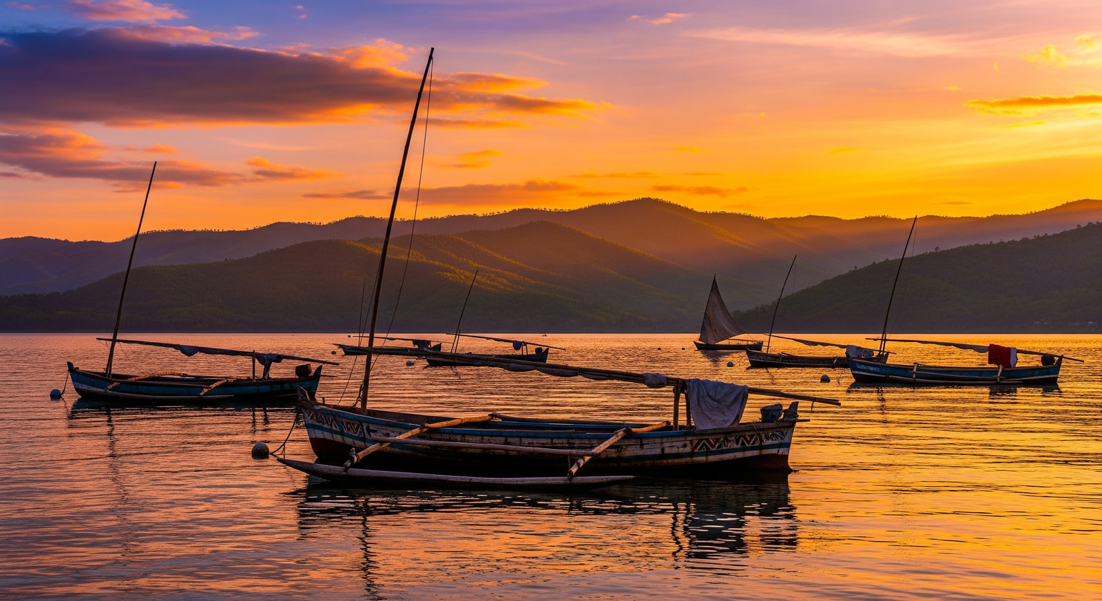 Serene Lake Kivu shoreline at sunset with traditional fishing boats and forested hills in background