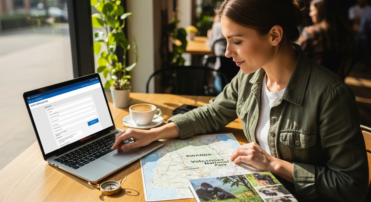 Traveler using laptop to apply for Rwanda visa while planning gorilla trekking adventure