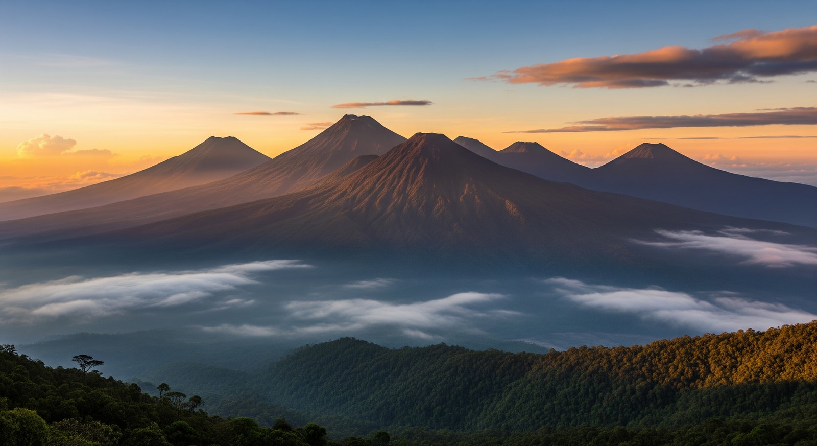Dramatic view of the Virunga volcanic peaks rising above the cloud forest at dawn