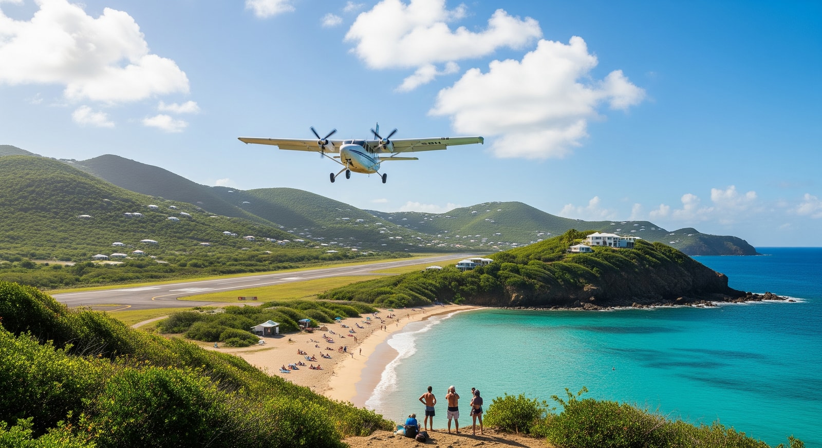 Small aircraft landing at Gustaf III Airport with its famous short runway overlooking the beach
