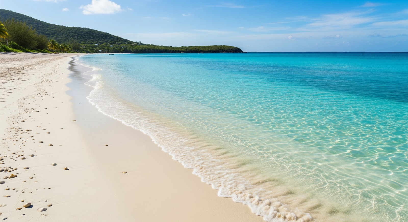 Crystal clear turquoise waters meeting pristine white sand at Shell Beach in St. Barthelemy