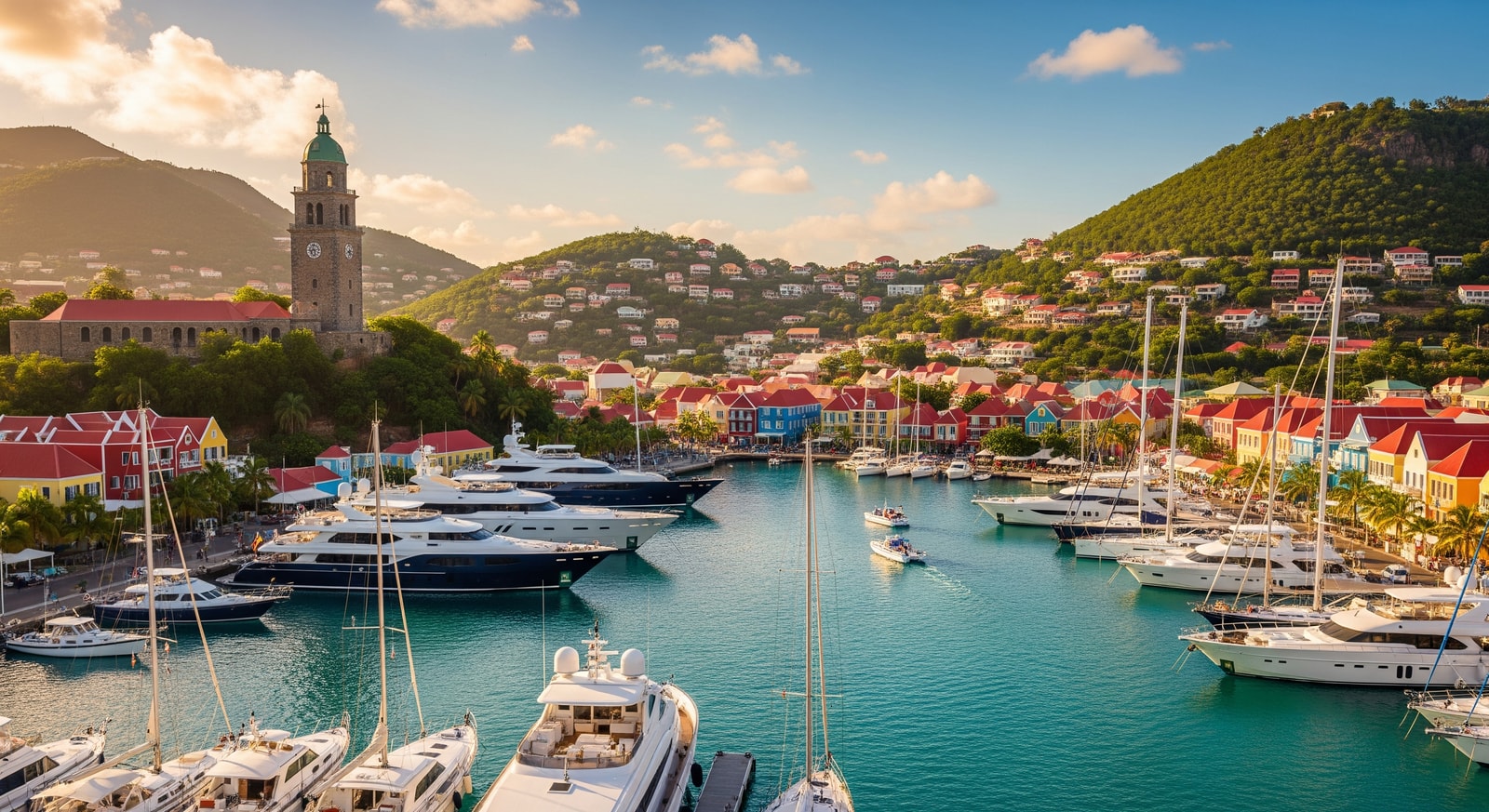 Picturesque Gustavia harbor with luxury yachts, Swedish bell tower, and colorful Caribbean buildings