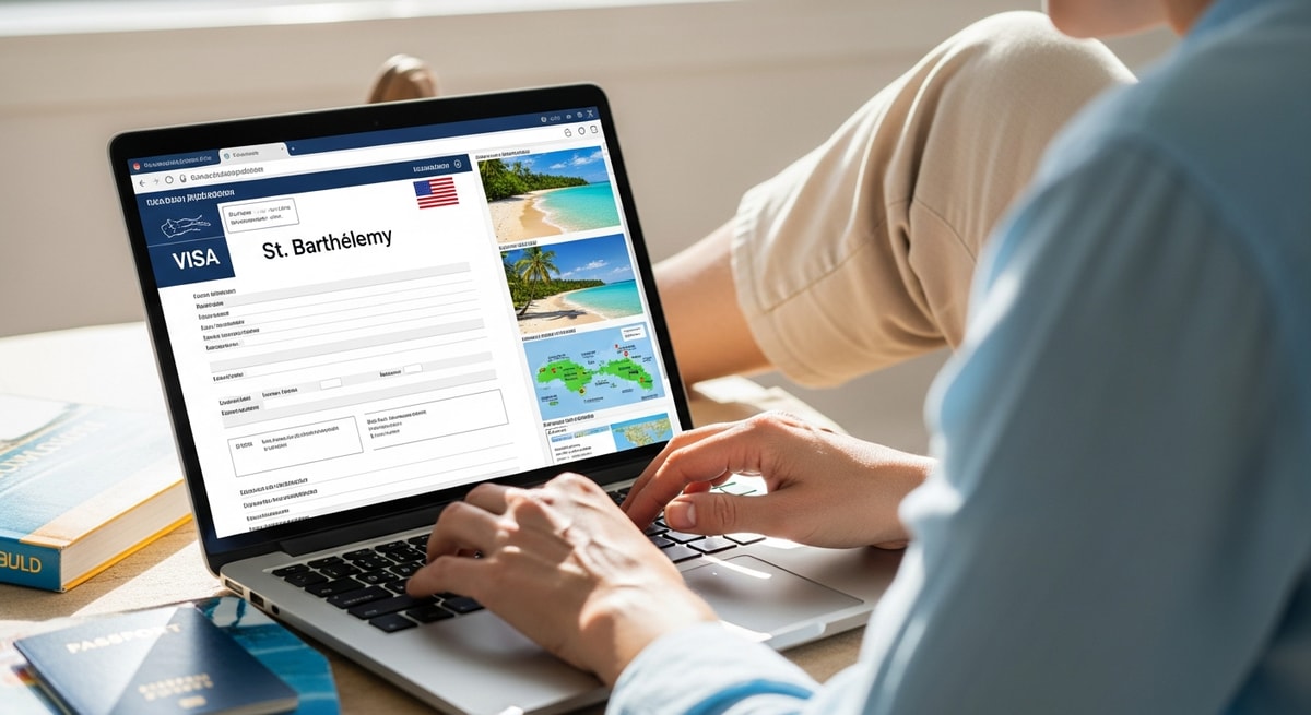 Traveler using laptop to apply for St. Barthelemy visa while planning Caribbean vacation