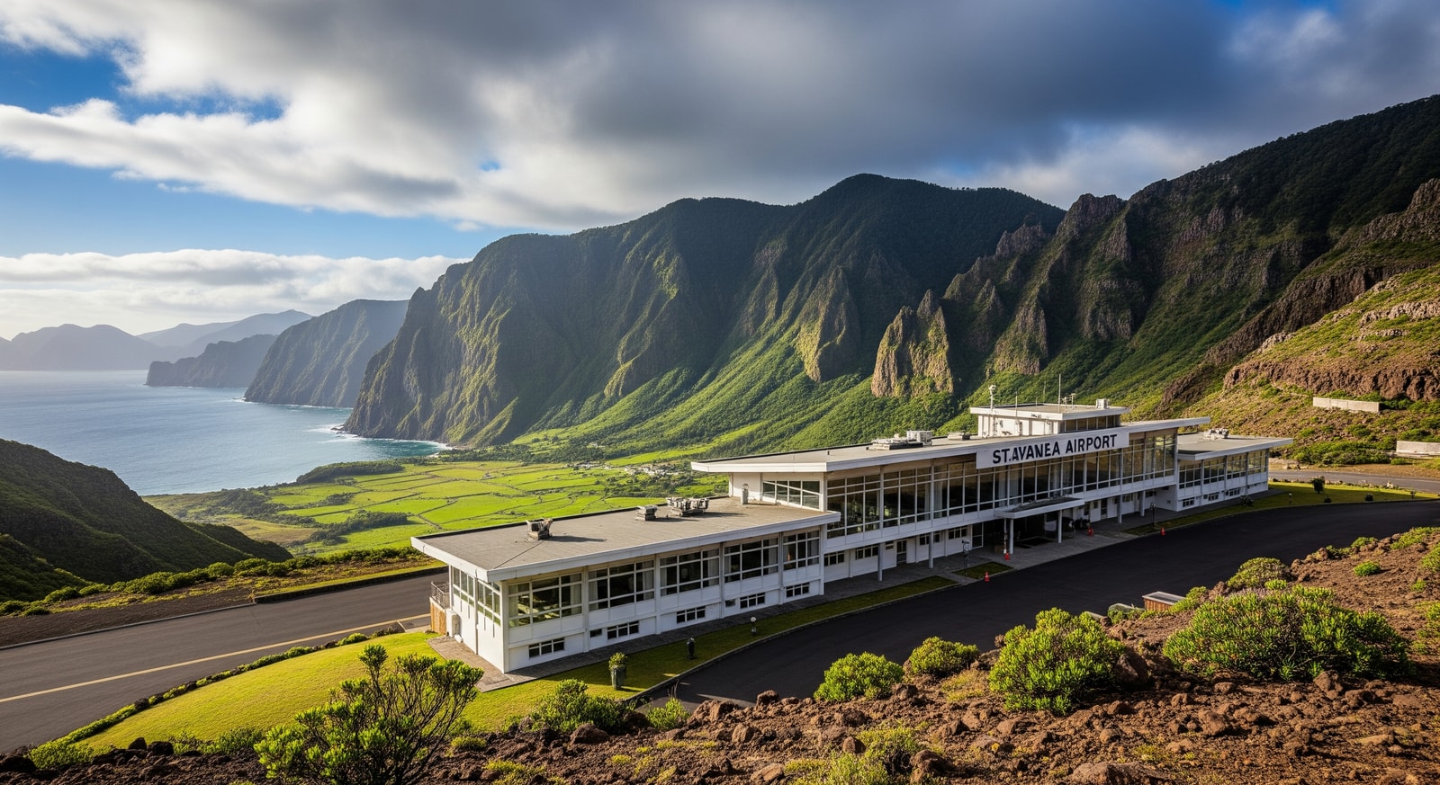 St Helena Airport terminal building with dramatic volcanic landscape and ocean views in the background