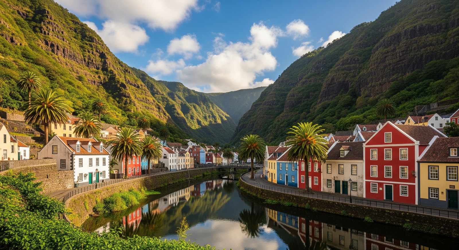 Historic Jamestown settlement nestled in a steep volcanic valley with colorful Georgian buildings and palm trees