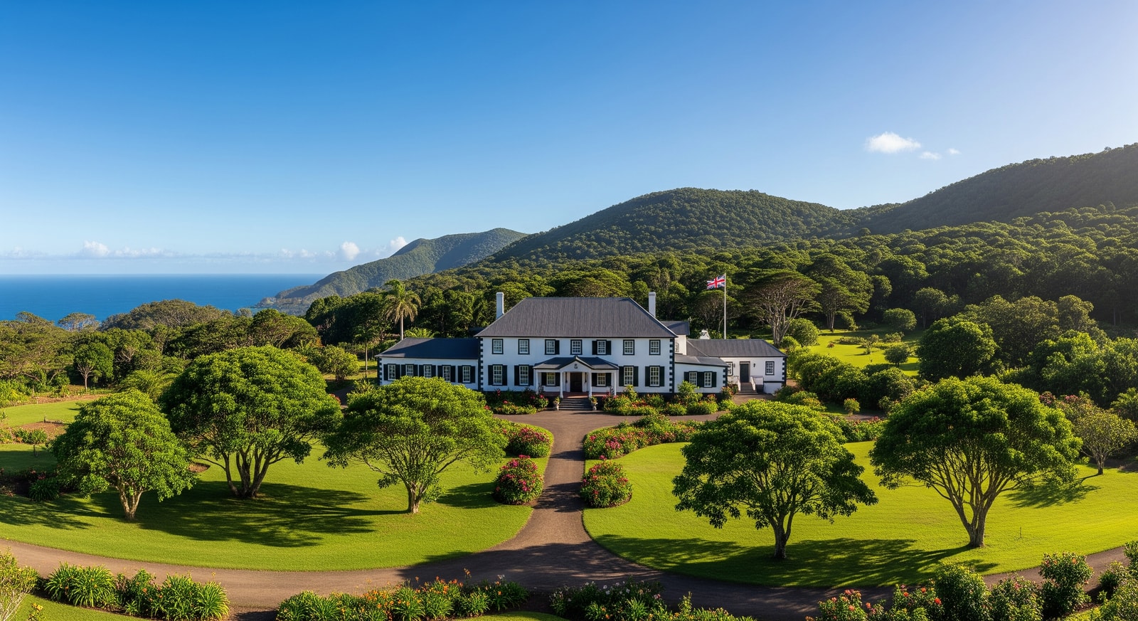 Longwood House surrounded by green gardens where Napoleon Bonaparte lived in exile from 1815 to 1821