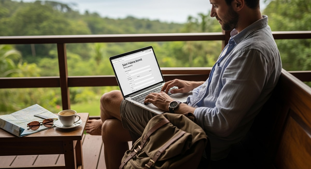 Traveler planning remote island adventure using laptop to apply for Saint Helena entry permit