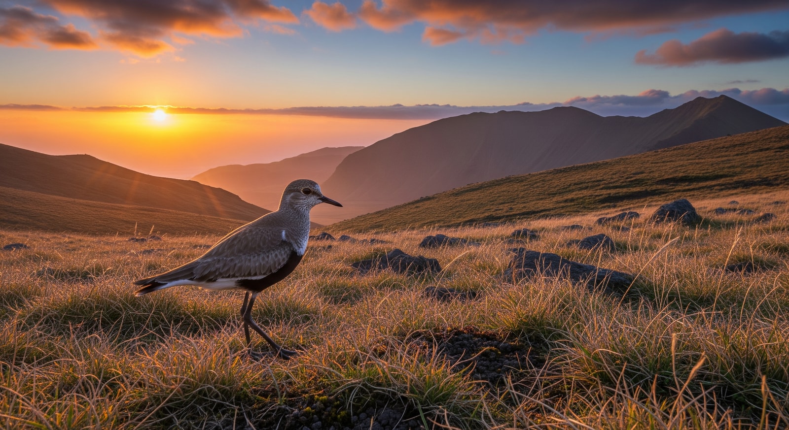 Endemic Saint Helena plover wirebird standing in grassland habitat on the island plateau