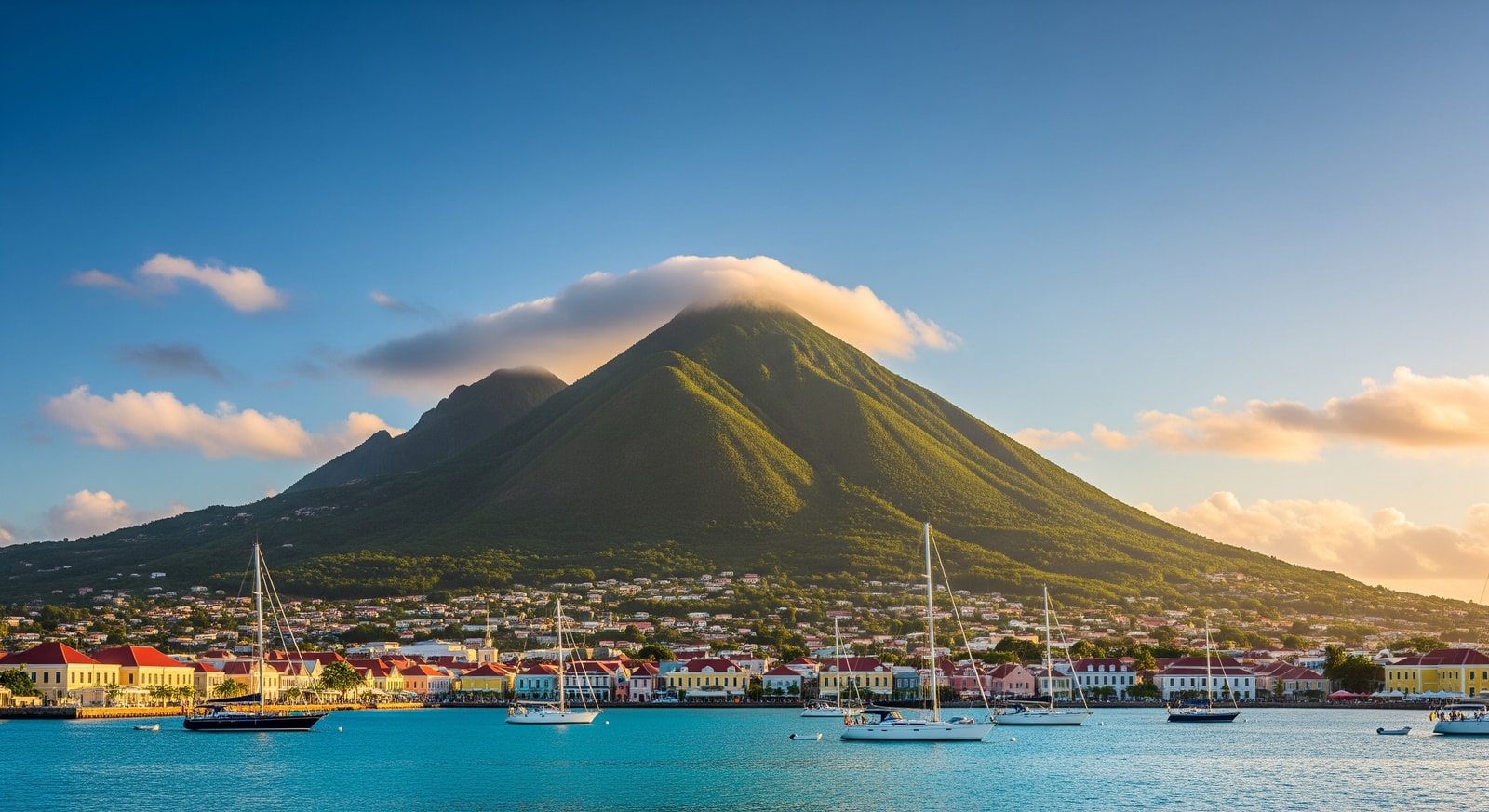 View of Nevis Peak volcano rising above Charlestown harbor with sailing boats