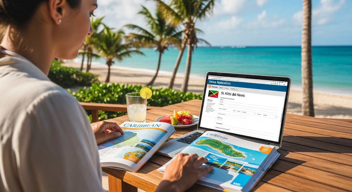 Traveler using laptop to apply for St. Kitts and Nevis visa while planning Caribbean vacation