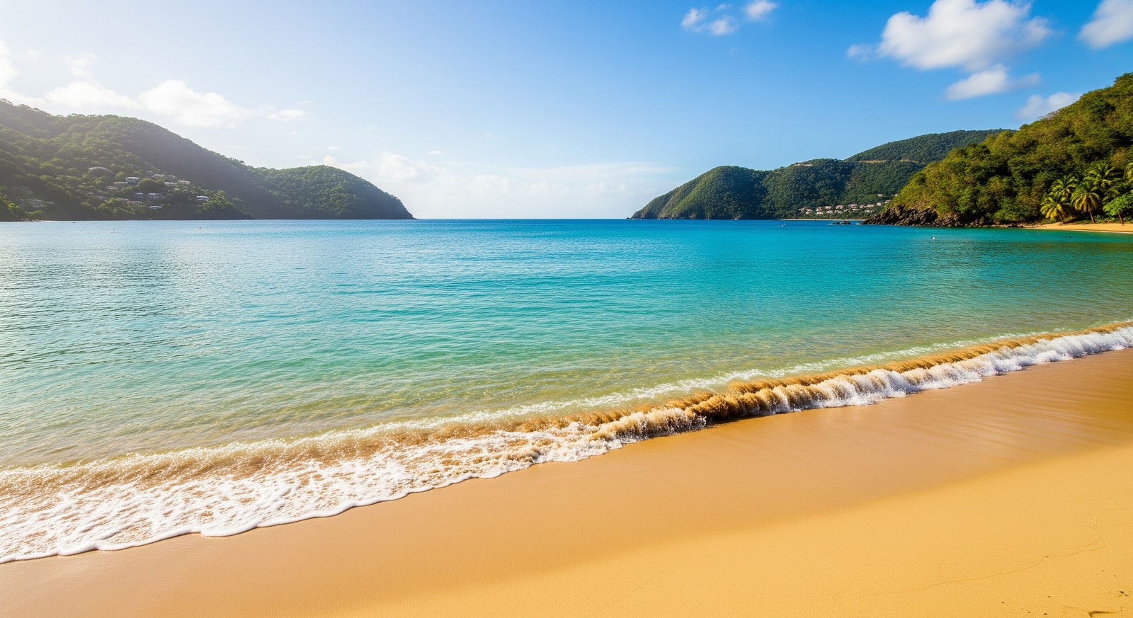 Crystal clear turquoise waters and golden sand at Reduit Beach in Rodney Bay, St. Lucia