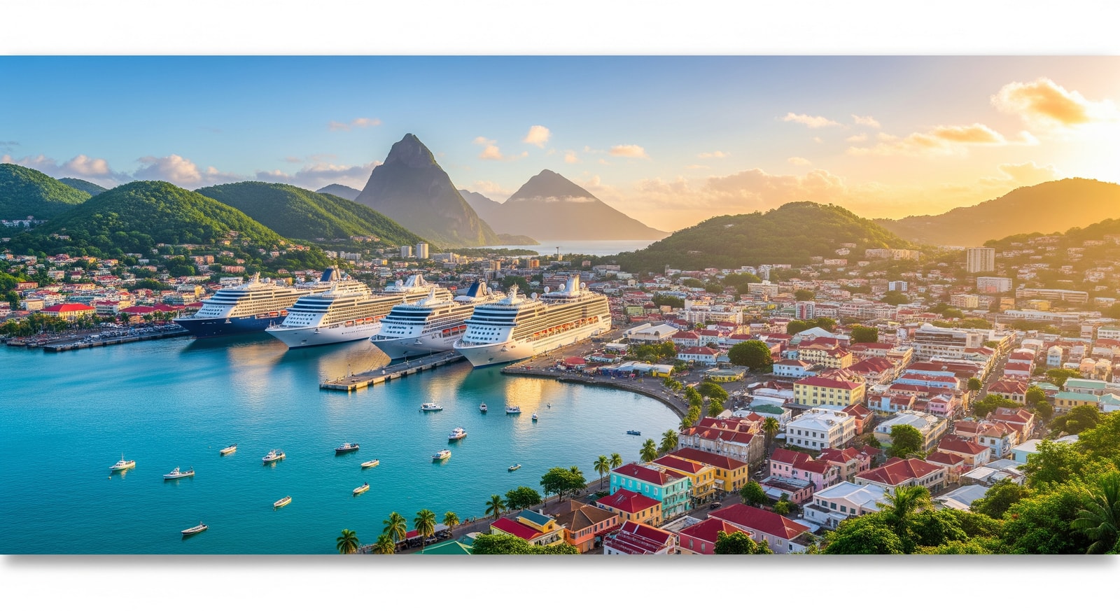 Panoramic view of Castries harbor with cruise ships and colorful Caribbean architecture