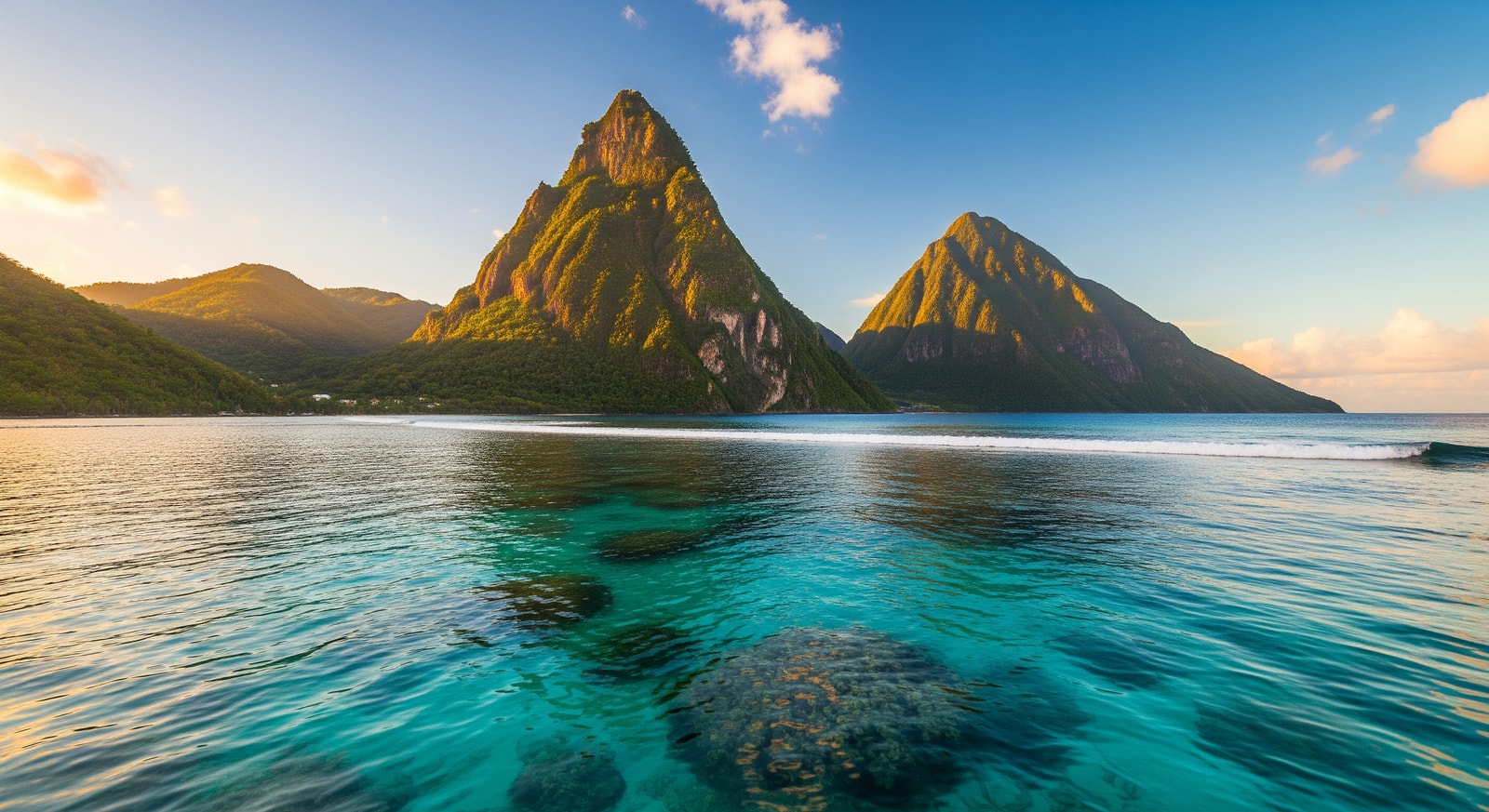 The iconic twin Pitons mountains rising dramatically from the Caribbean Sea in Soufriere