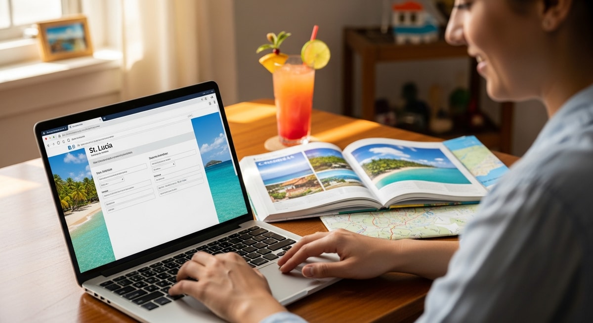 Traveler using laptop to apply for St. Lucia visa while planning Caribbean vacation