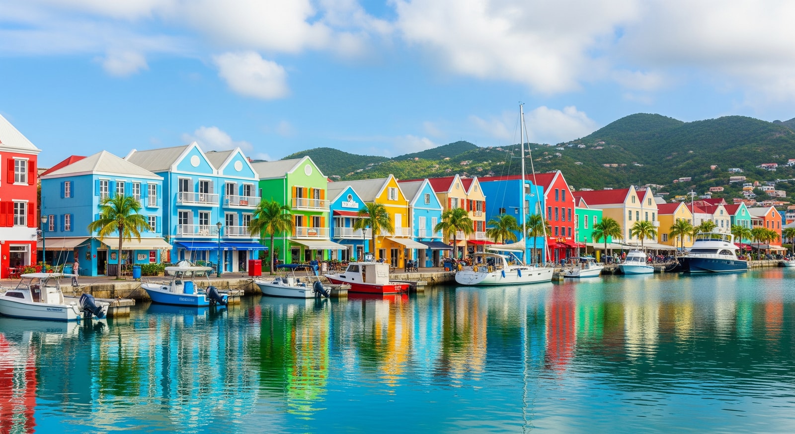 Colorful waterfront shops and restaurants along the harbor in Marigot, capital of Saint Martin