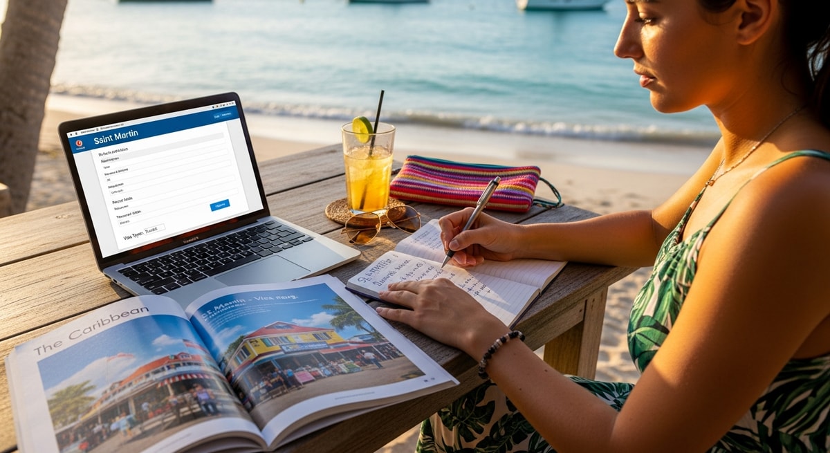 Traveler using laptop to apply for Saint Martin visa while planning Caribbean vacation