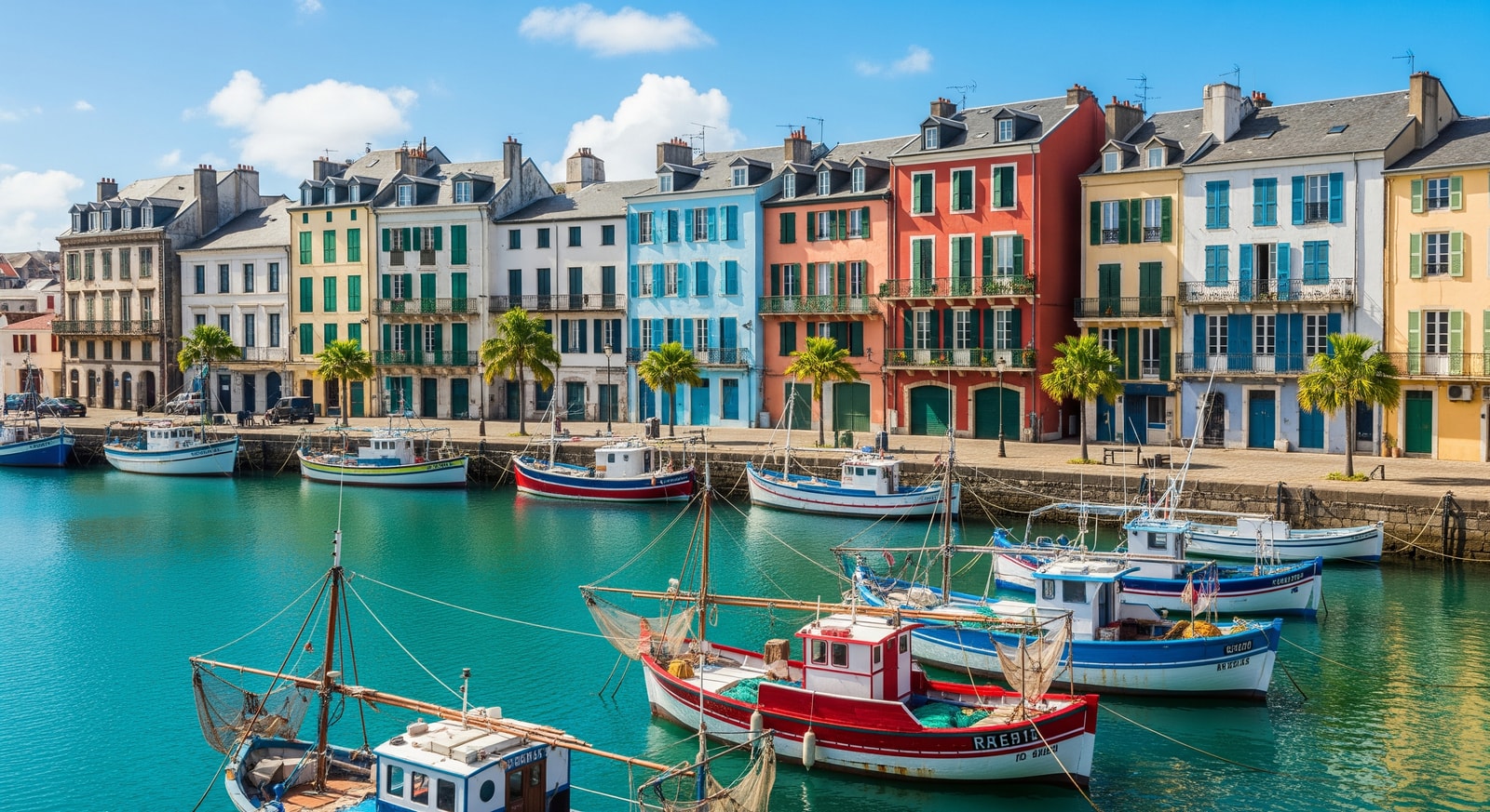 Picturesque Saint-Pierre harbor with colorful French colonial buildings and traditional fishing boats at anchor