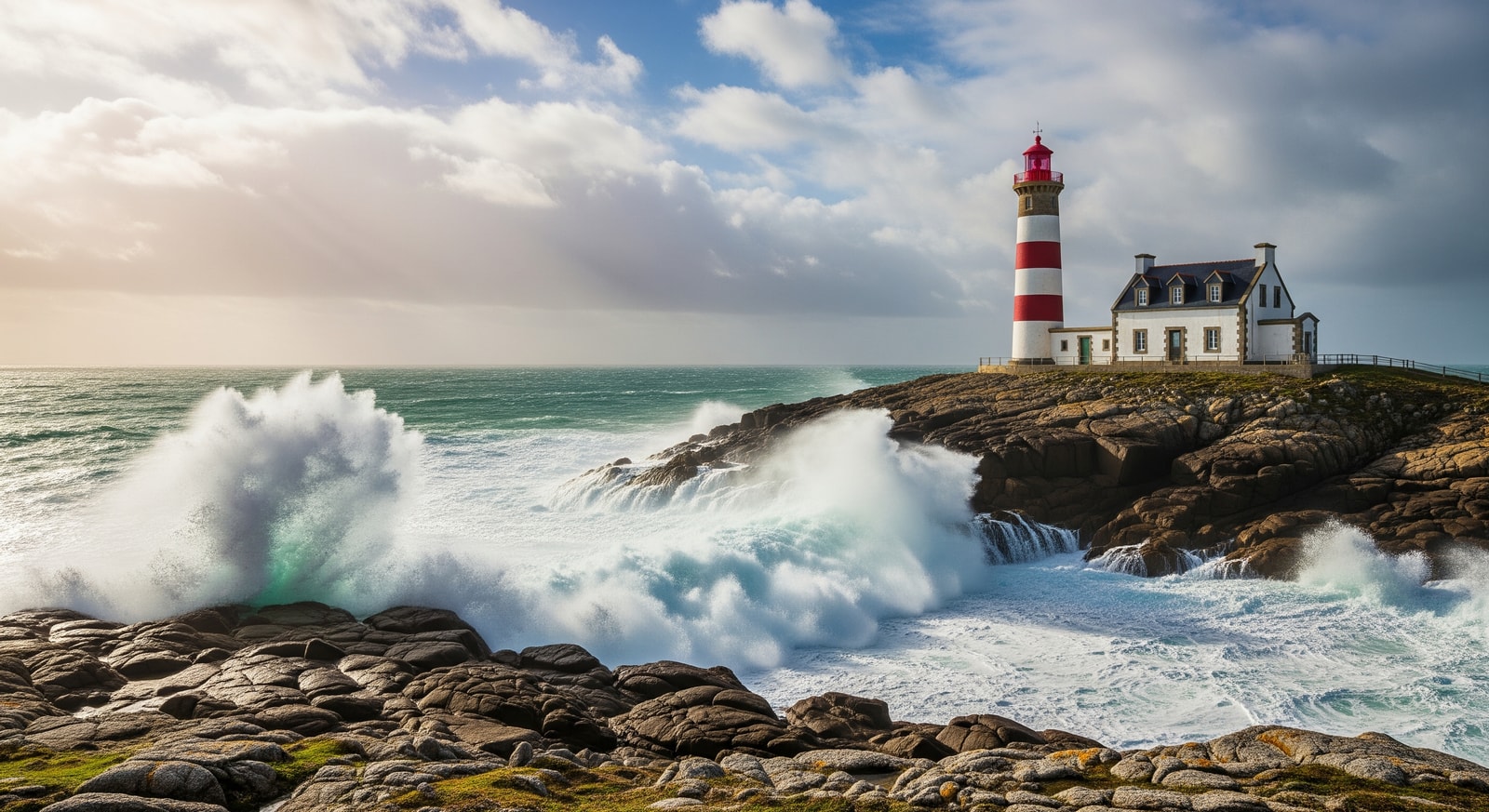 Historic Galantry lighthouse on Saint-Pierre island with dramatic Atlantic Ocean waves and rocky coastline