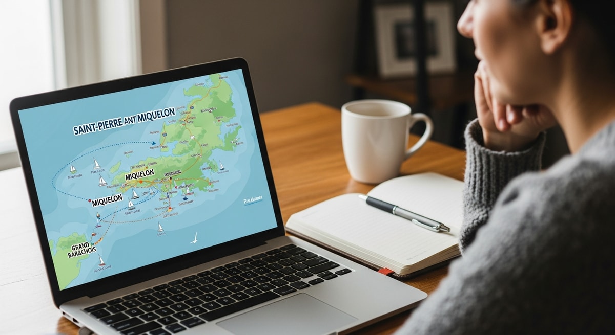 Traveler planning trip to Saint-Pierre and Miquelon with laptop showing French territory coastline