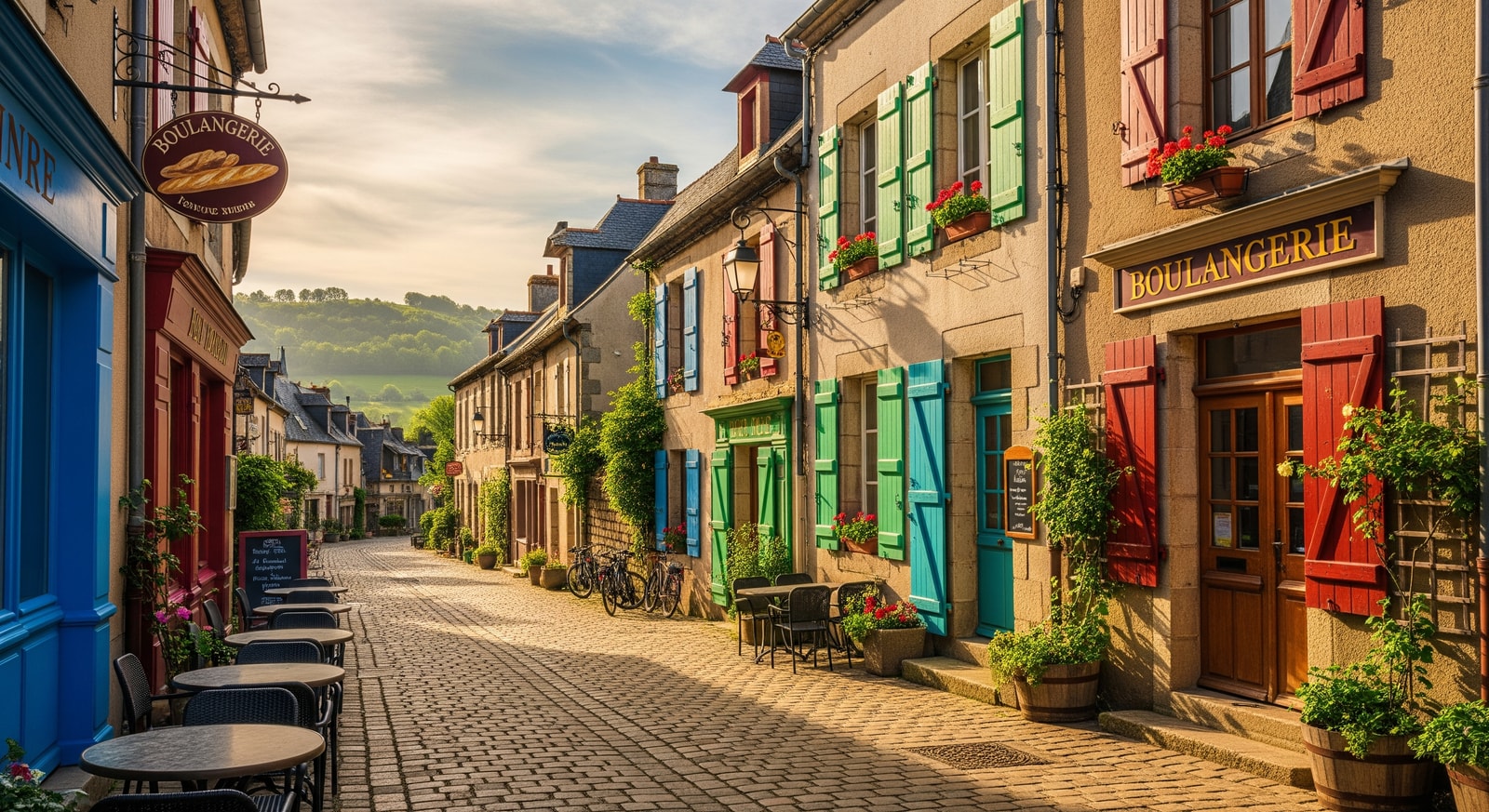 Charming village street in Saint-Pierre with traditional French architecture and colorful shuttered windows