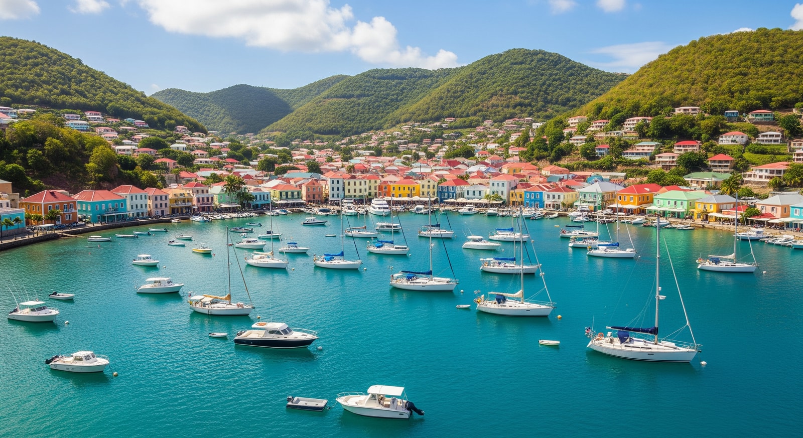 Colorful buildings and boats in Admiralty Bay on Bequia island in the Grenadines