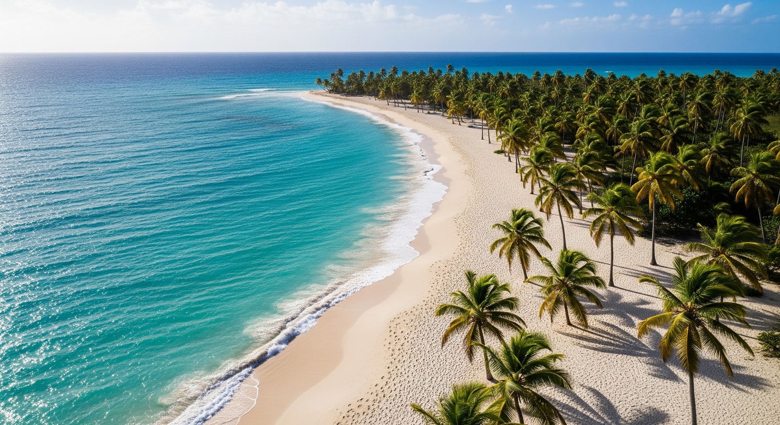 Pristine white sand beach with palm trees on exclusive Mustique island