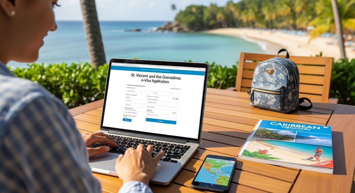 Traveler using laptop to apply for St. Vincent and the Grenadines visa while planning Caribbean vacation
