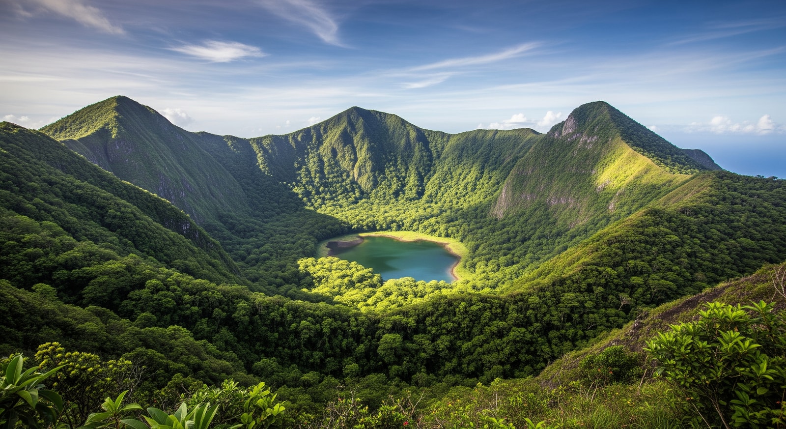 La Soufriere volcano crater with lush green vegetation on the slopes in St. Vincent