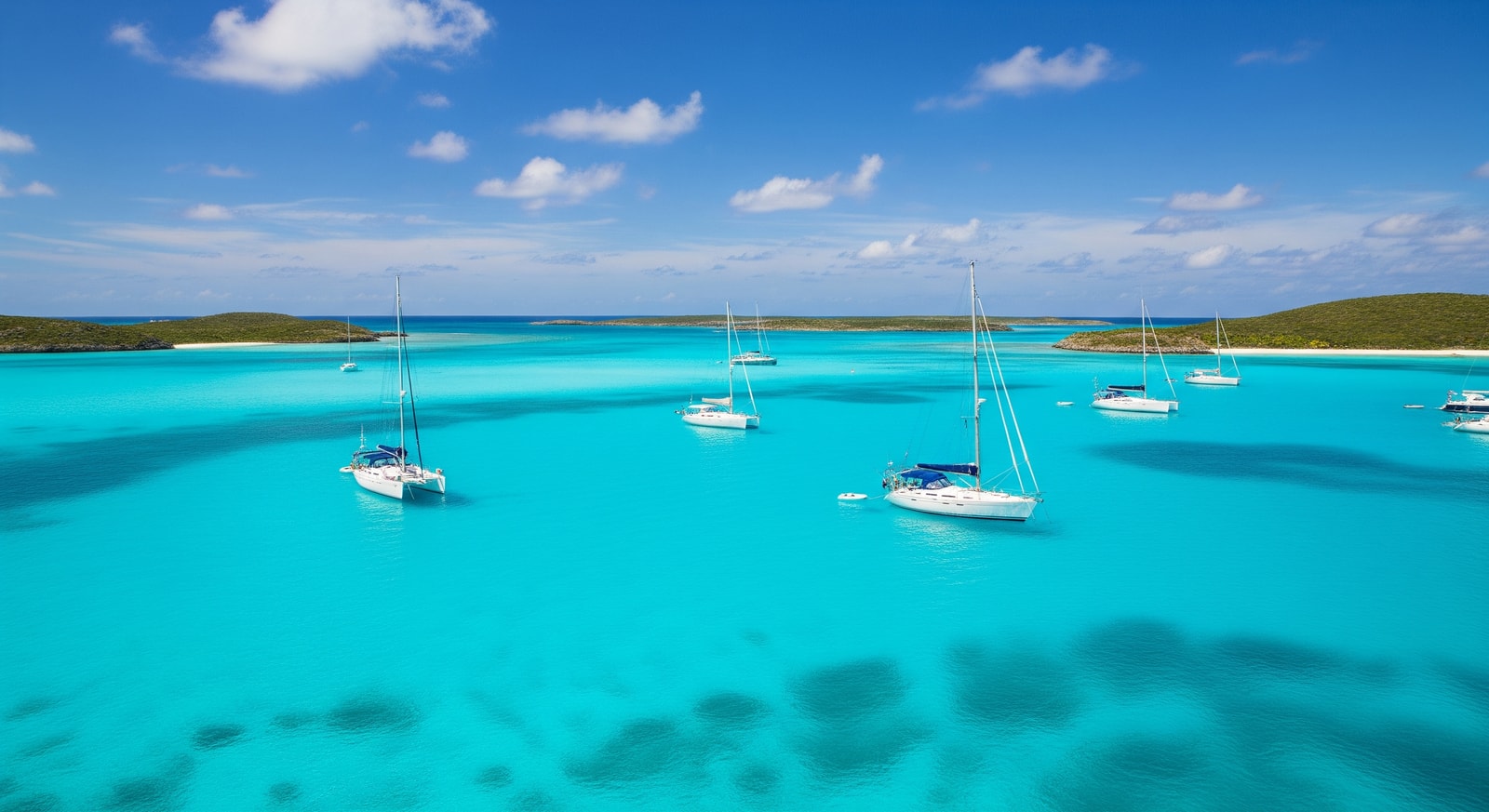 Crystal clear turquoise waters of Tobago Cays Marine Park with sailing yachts at anchor