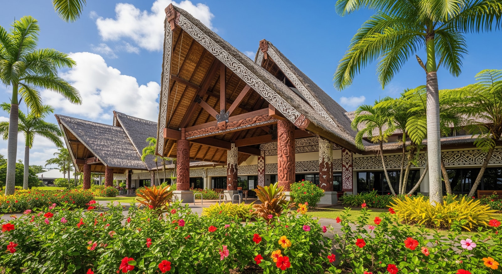 Faleolo International Airport terminal with traditional Samoan architectural elements and tropical landscaping