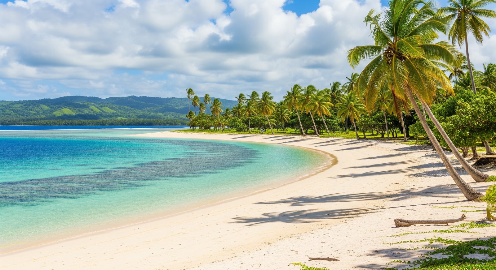 Pristine white sand beach on Savai'i island with crystal clear lagoon waters and swaying palm trees
