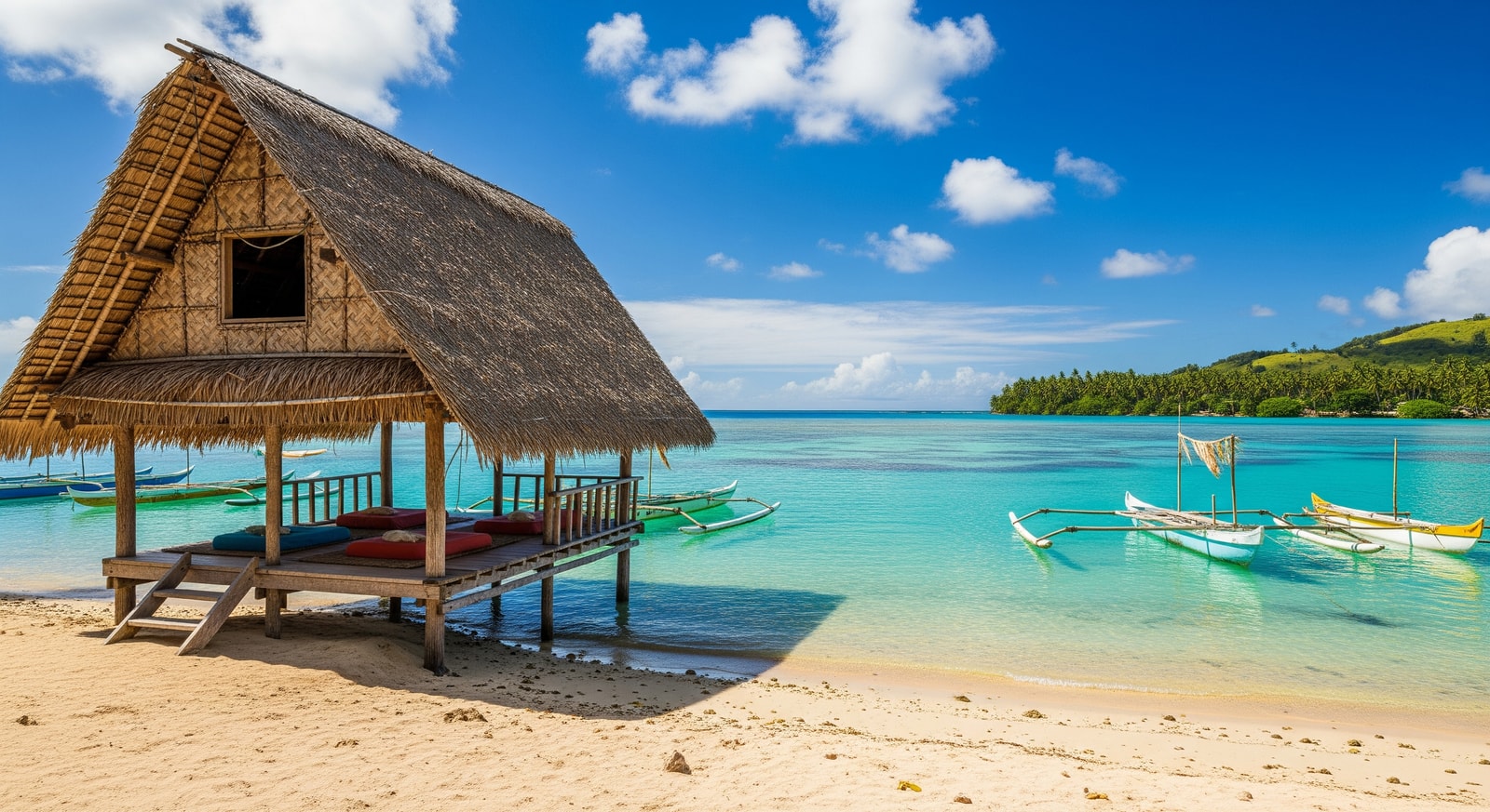 Traditional Samoan beach fale accommodation with thatched roof overlooking turquoise lagoon