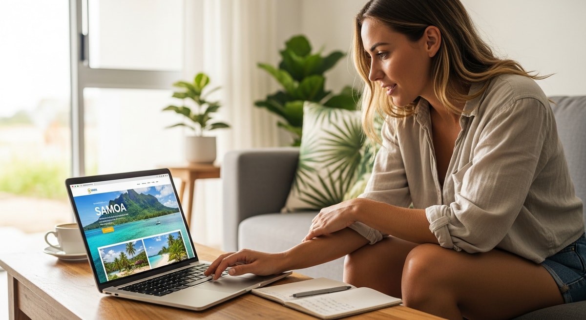 Traveler planning Samoa trip on laptop with tropical island scenery