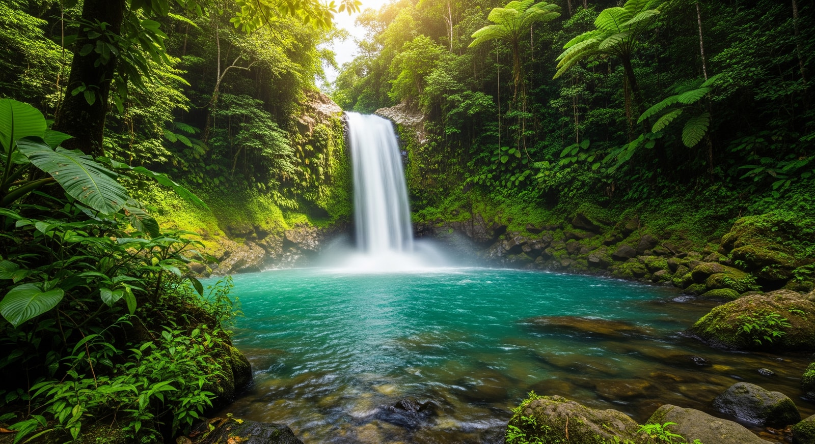Togitogiga Waterfall cascading into natural swimming pool surrounded by lush rainforest in Upolu