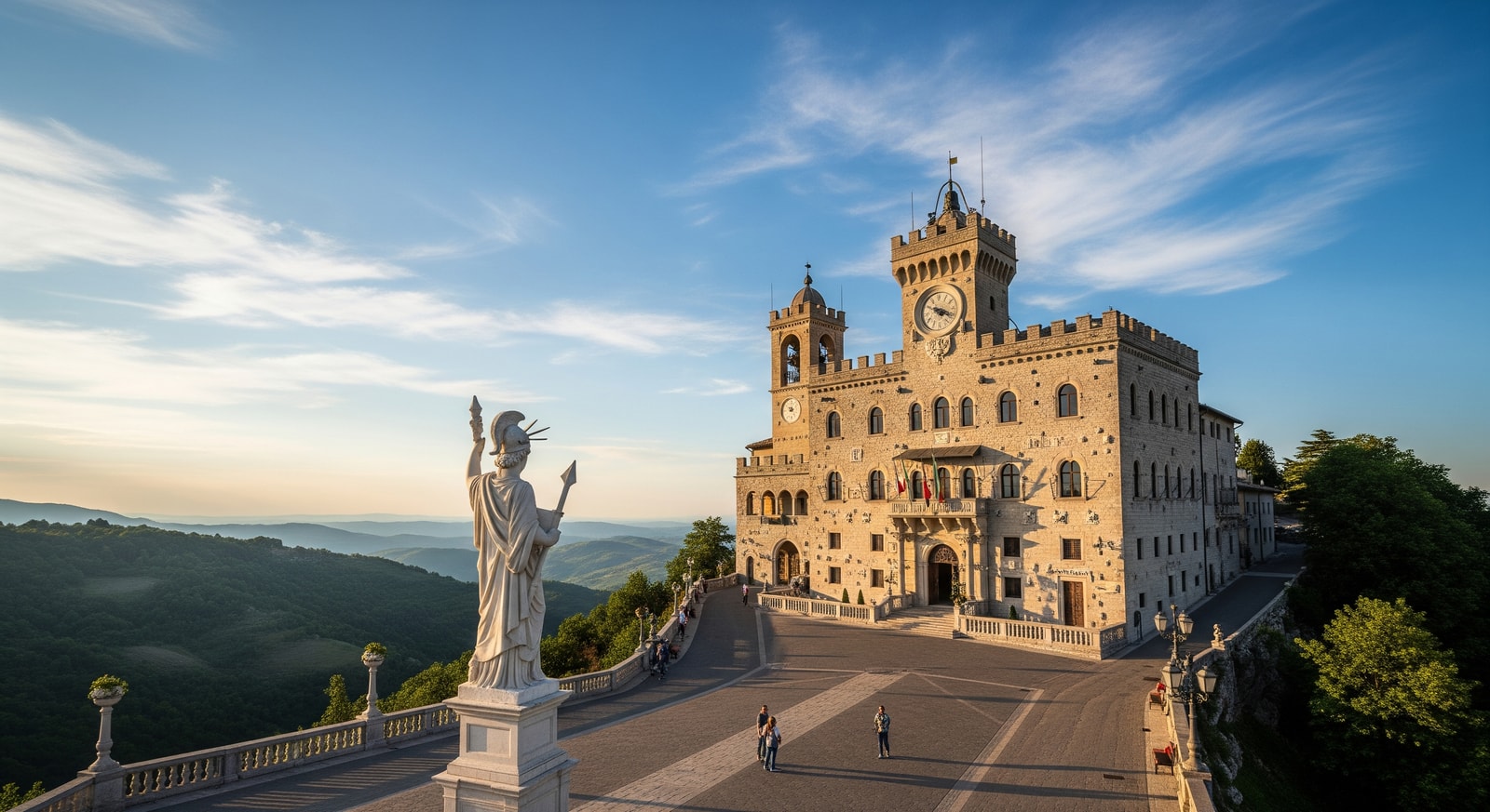 Historic Piazza della Liberta in San Marino with the Palazzo Pubblico and statue of Liberty