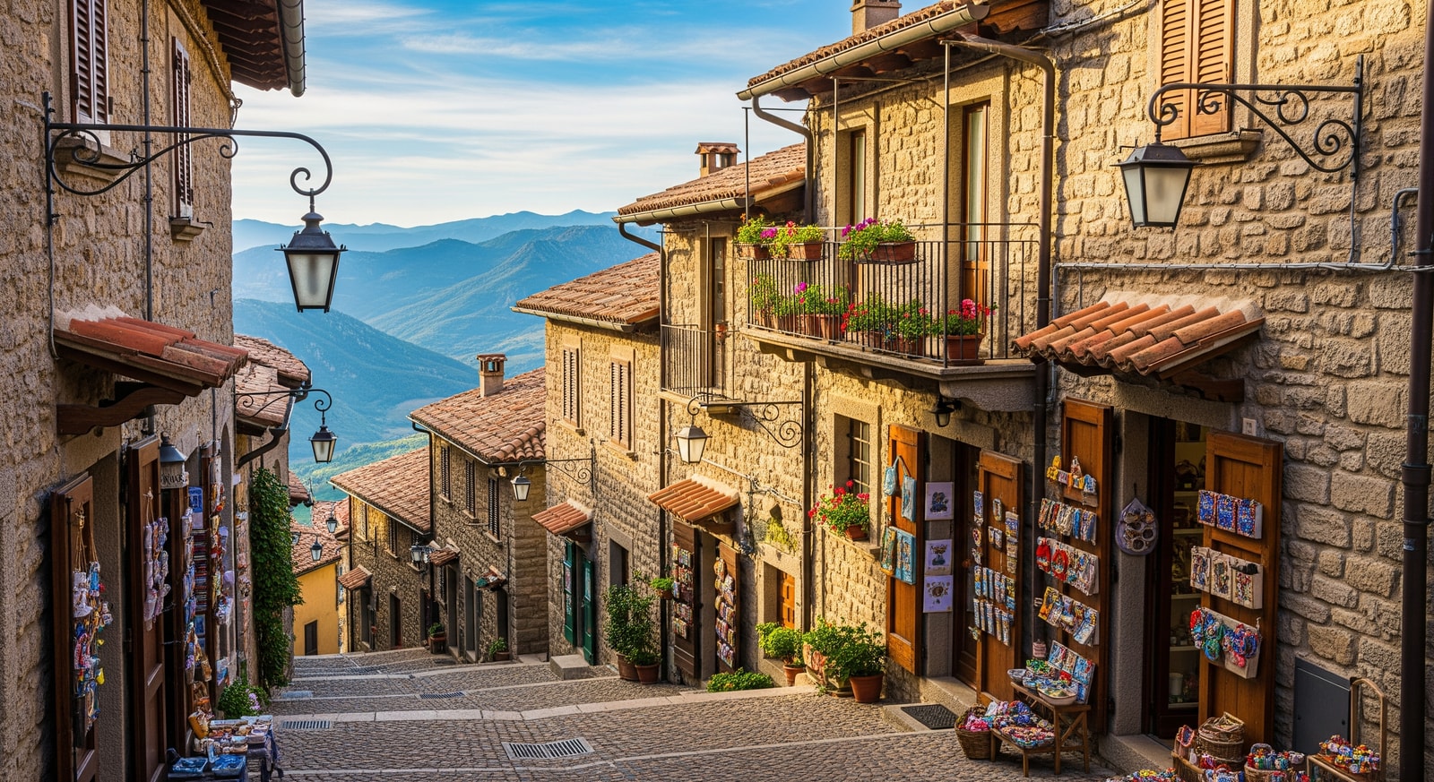 Charming cobblestone street in San Marino old town with medieval architecture and artisan shops