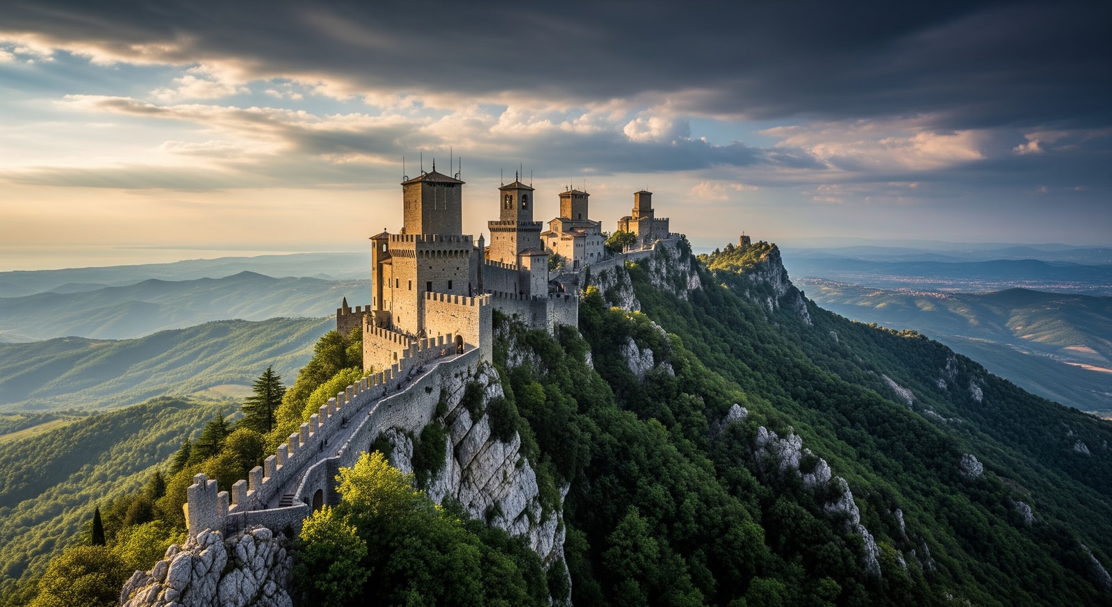 The iconic Three Towers of San Marino (Guaita, Cesta, and Montale) on the ridges of Mount Titano
