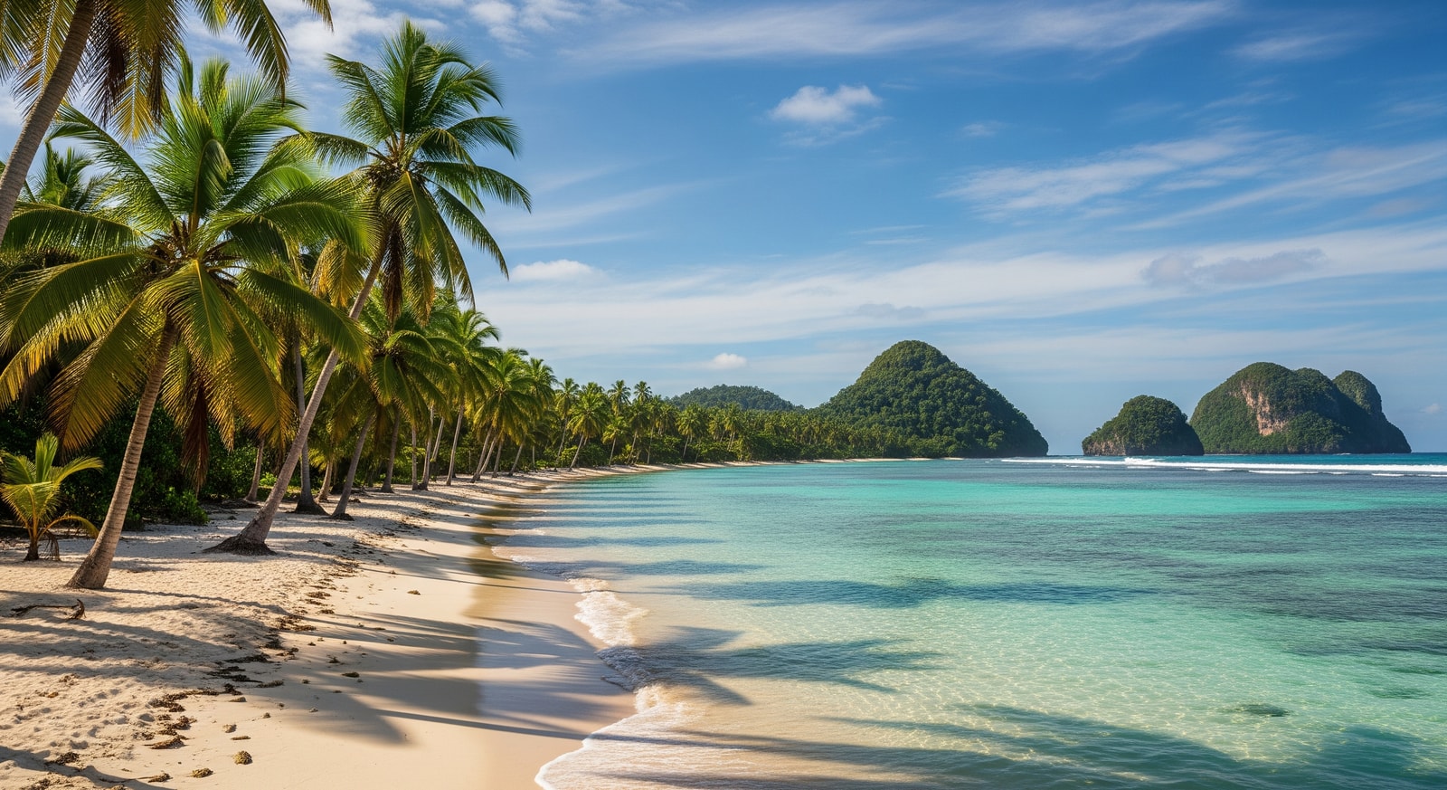 Pristine tropical beach with coconut palms and crystal-clear waters on Principe Island