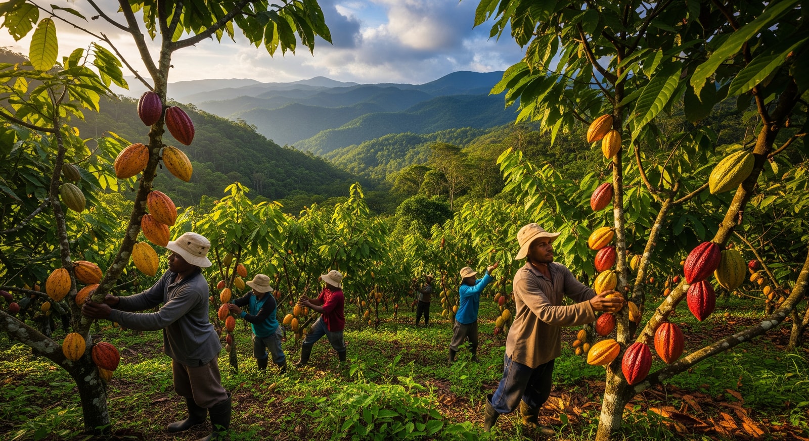 Traditional cocoa plantation with workers harvesting pods in Sao Tome's lush highlands