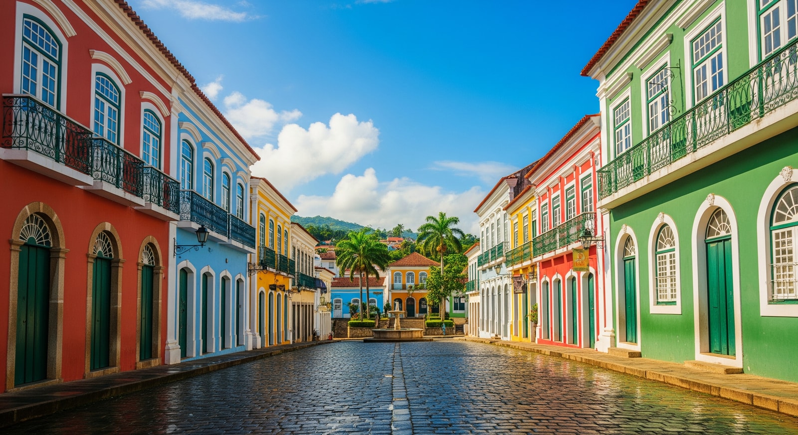 Portuguese colonial architecture in Sao Tome City with colorful buildings and cobblestone streets