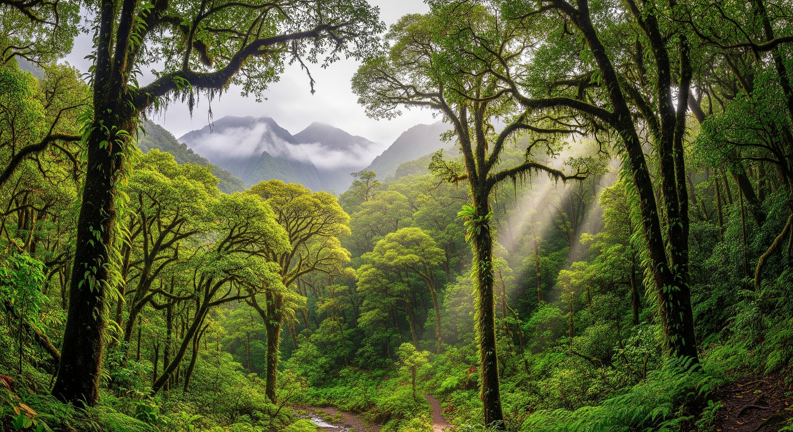 Dense tropical rainforest with towering trees and misty mountains in Obo National Park
